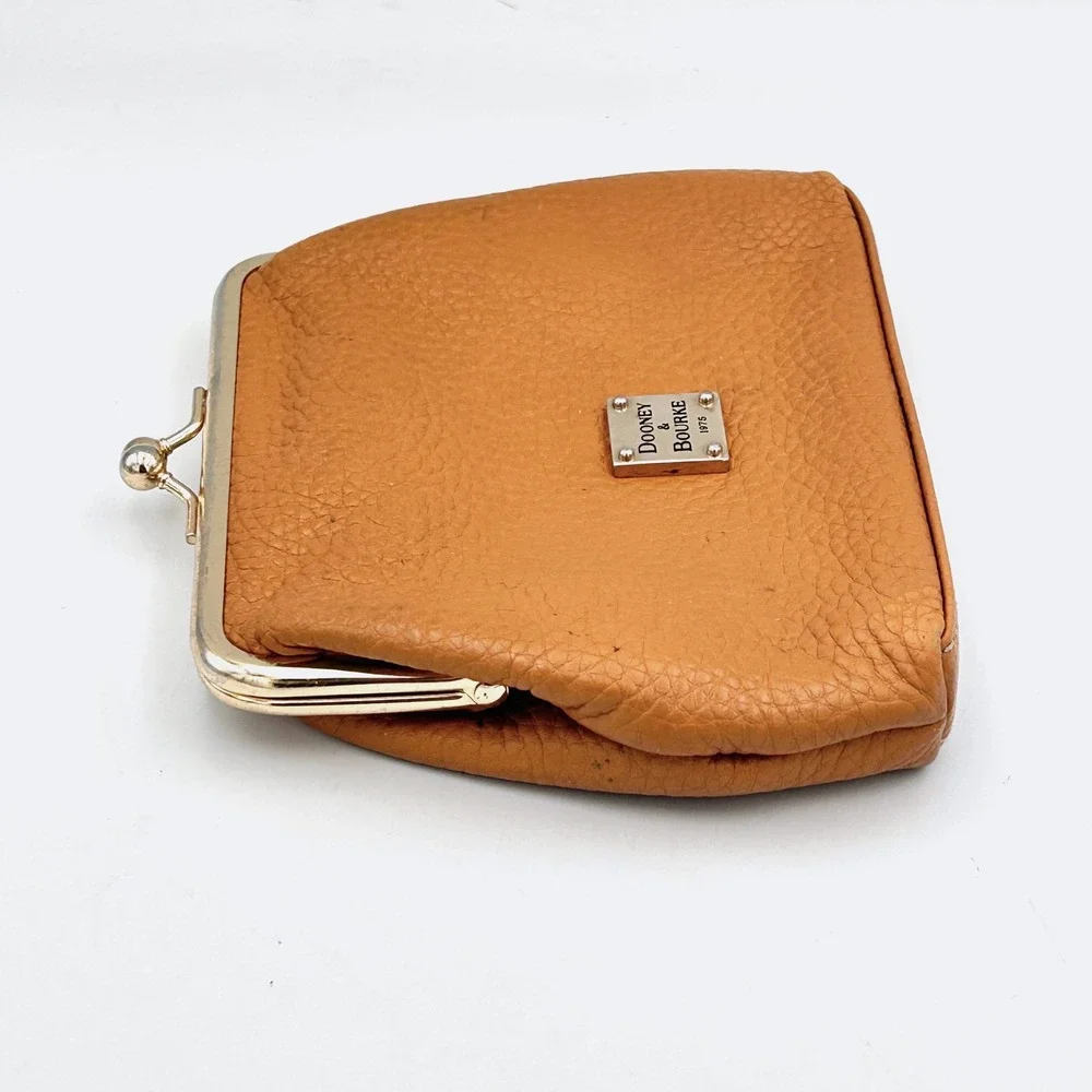 Dooney & Bourke Coin Wallet Purse Kiss Lock Designer Pebble Leather Clutch Tan